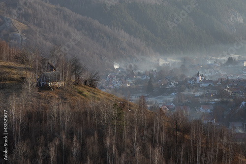 Aerial spring landscape above the beautiful Transylvanian village, in Poiana Marului - Romania	 photo