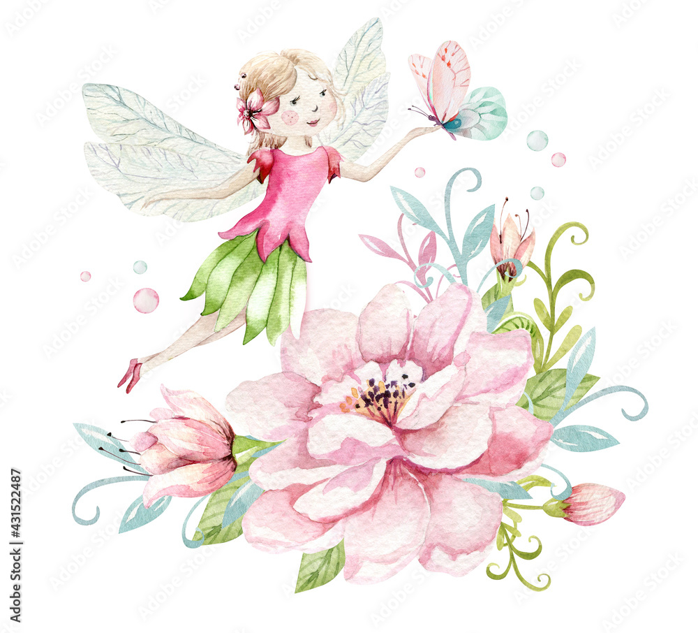 Cute Fairy character watercolor illustration on white background. Magic fantasy cartoon pink fairytale design. Baby girl birthday Cute Fairy character watercolor illustration on white background. Magic fantasy cartoon pink fairytale design. Baby girl birthday
