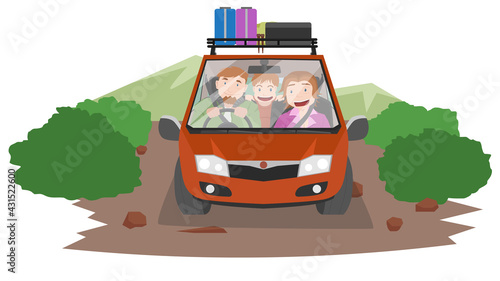 Vector illustration of Family trip Parent and child travel in a car with roof racks ready to carry the load. To nature on soil road. background with grass and mountain.