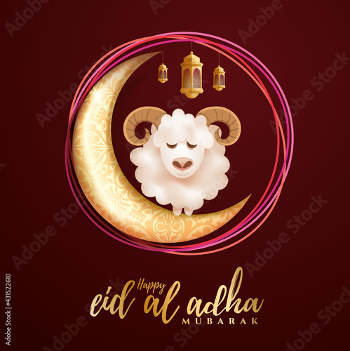 Eid al-Adha vector illustration. Muslim holiday Eid al-Adha. sacrifice ram white and black sheep. graphic design decoration kurban bayrami. month lamb and lamp.Translation from Arabic: Eid al-Adha