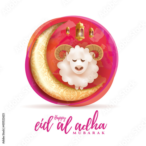 Eid al-Adha vector illustration. Muslim holiday Eid al-Adha. sacrifice ram white and black sheep. graphic design decoration kurban bayrami. month lamb and lamp.Translation from Arabic: Eid al-Adha