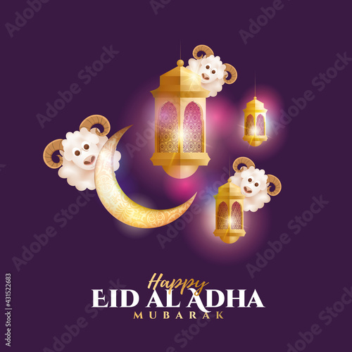 Eid al-Adha vector illustration. Muslim holiday Eid al-Adha. sacrifice ram white and black sheep. graphic design decoration kurban bayrami. month lamb and lamp.Translation from Arabic: Eid al-Adha