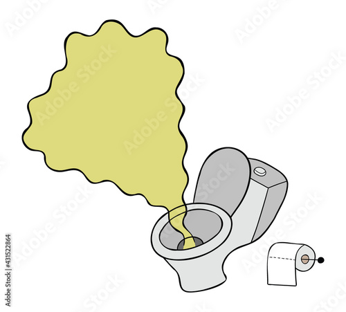 Cartoon vector illustration of toilet seat and disgusting urine smell.