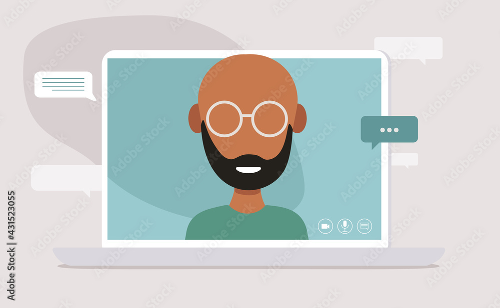 Young black male with glasses Broadcasting Live On screen. Live video streaming concept. Video conference remote working.