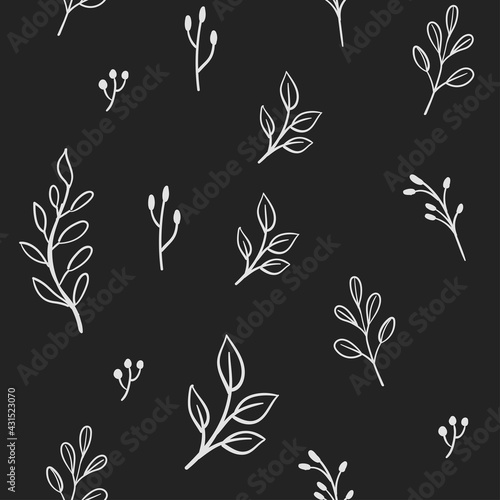 Floral doodle elements seamless texture. Hand drawn decorative leaves and wreaths texture background. Tree branches with leaf illustrations.