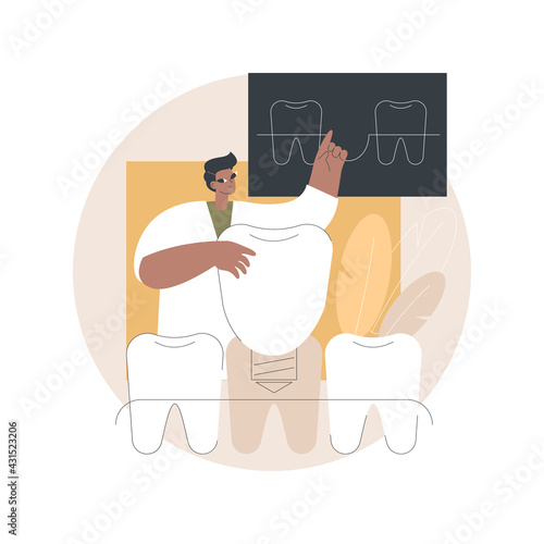 Teeth dentures implants abstract concept vector illustration. Denture implant, teeth whitening, tooth permanent replacement, cosmetic dentistry, orthodontic care procedure abstract metaphor.