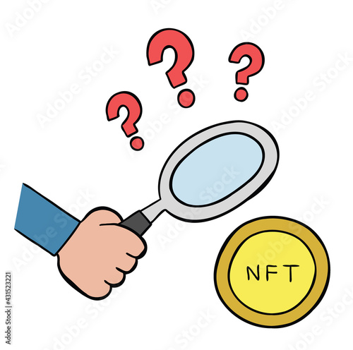 Cartoon vector illustration of looking at NFT crypto art with a magnifying glass and question marks.