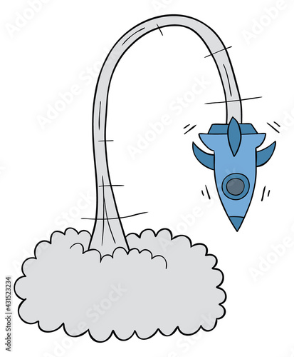 Cartoon vector illustration of failed rocket, flying and falling immediately.