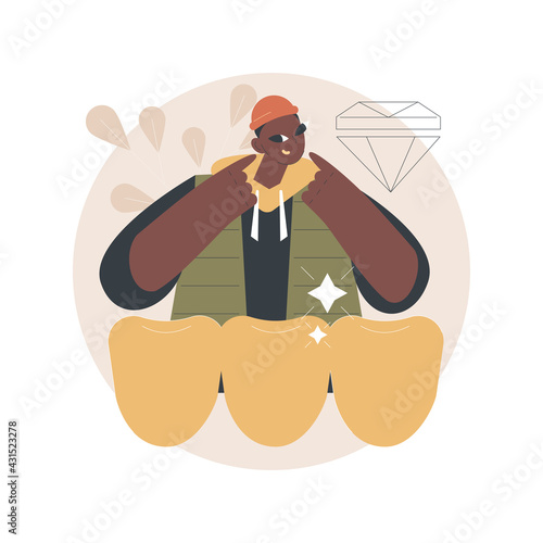 Grills jewelry teeth abstract concept vector illustration. Hip hop culture, wearing golden grills, dental jewelry, precious stones, removable teeth wear, custom manufacturing abstract metaphor.