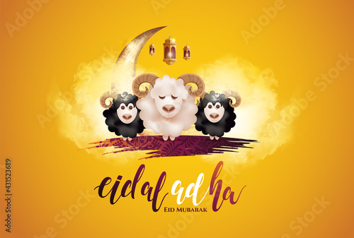 Eid al-Adha vector illustration. Muslim holiday Eid al-Adha. sacrifice ram white and black sheep. graphic design decoration kurban bayrami. month lamb and lamp.Translation from Arabic: Eid al-Adha