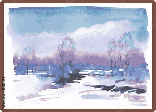 Vector watercolor illustration of winter landscape in picture frame