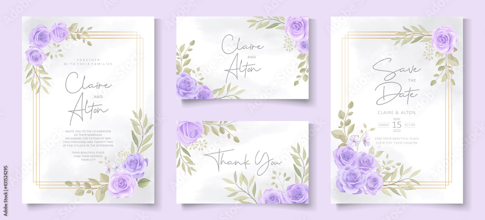 Set of wedding invitation template with beautiful purple blooming roses design