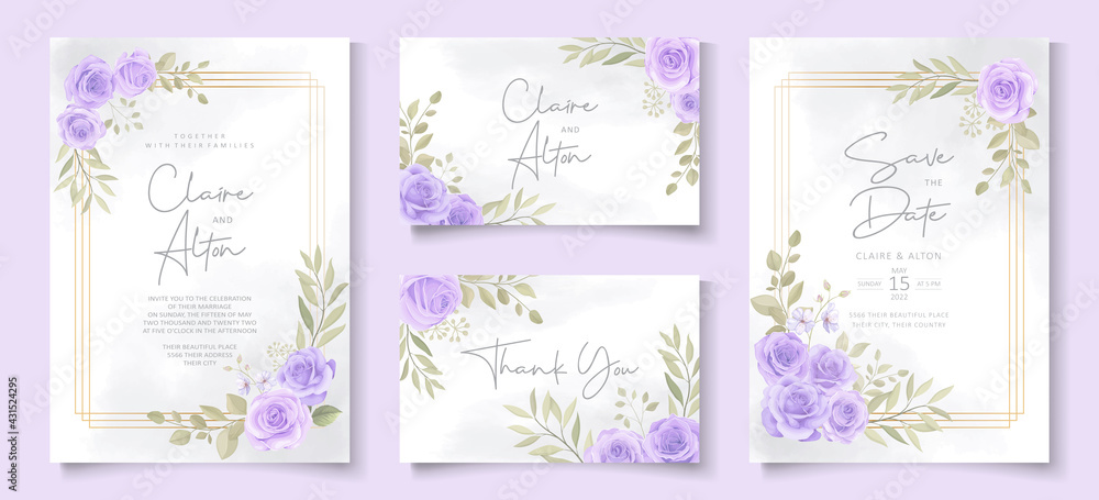 Set of wedding invitation template with beautiful purple blooming roses design Set of wedding invitation template with beautiful purple blooming roses design