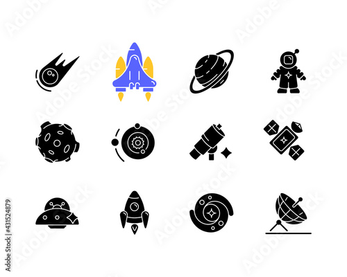Astronautic black glyph icons set on white space