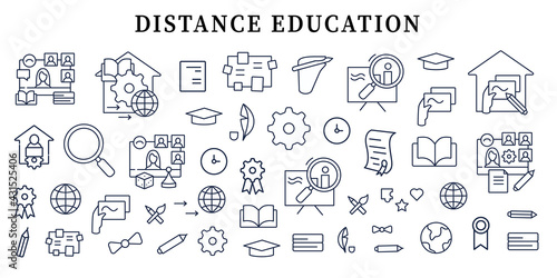 Distance education banner. Personal growth, professional development. Template for landing, web page, layout.Online lessons interface idea with icons