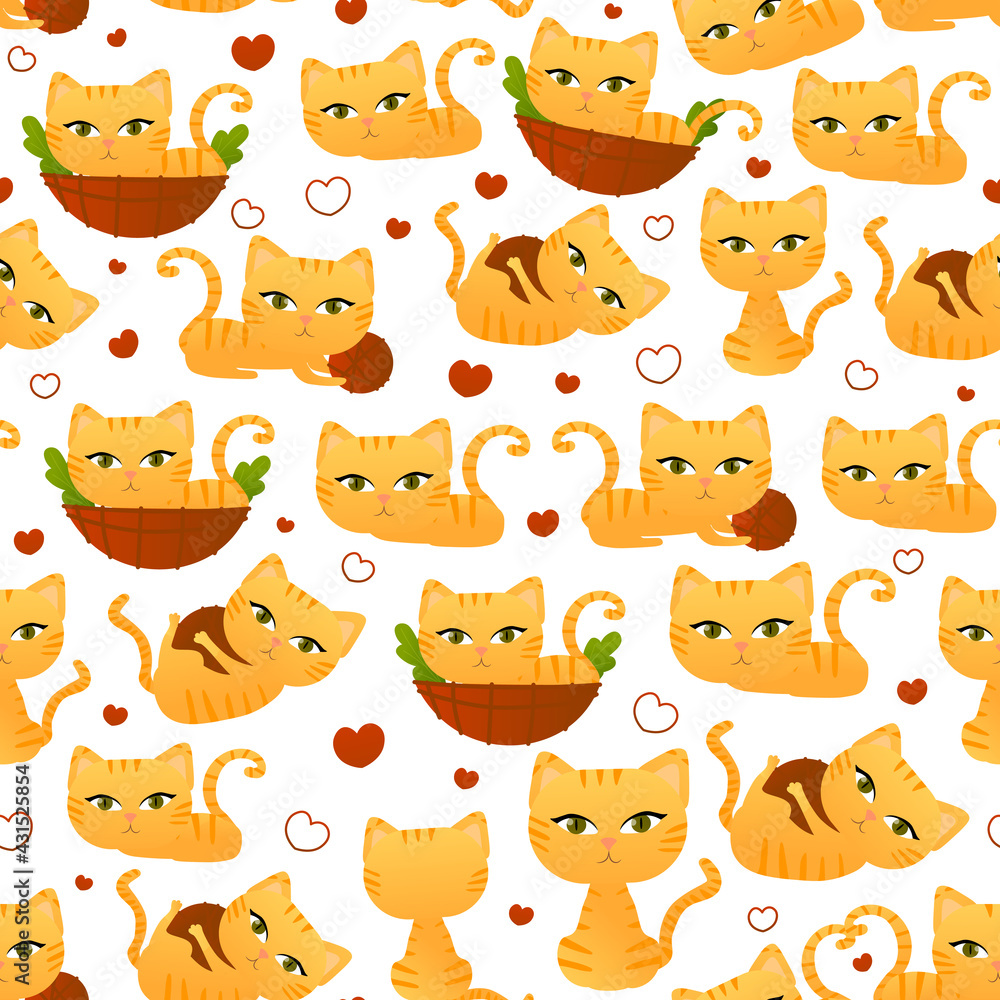Cute red cat in different poses seamless pattern for children bedding or textile, wrapping paper in cartoon style Cute red cat in different poses seamless pattern for children bedding or textile, wrapping paper in cartoon style