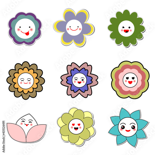 Smiley cute flower icon set on white backround
