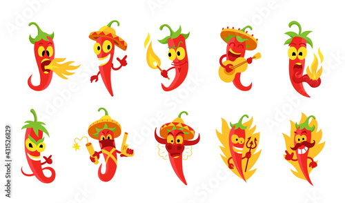 Pepper character set. Very spicy food. Burns in a flame. Cayenne chili red hot pepper. Devil with pitchfork.