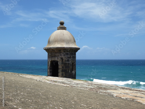 View of a sentry box in the Caribbean in a sunny summer day. San Cristobal castle, Puerto Rico, USA