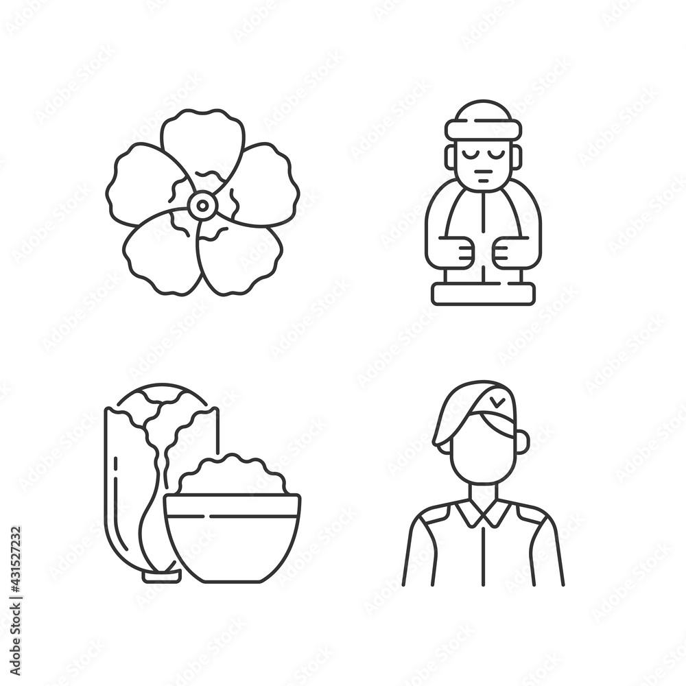 Korean nationals symbols linear icons set