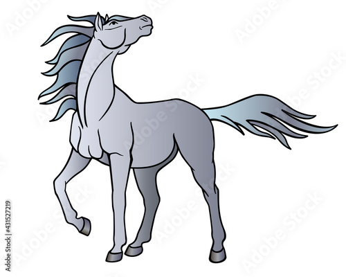 Horse. A beautiful gray stallion looks into the sky, the wind flutters its long mane and tail - vector full color picture with an animal. A magnificent purebred gray horse plays in the wind.