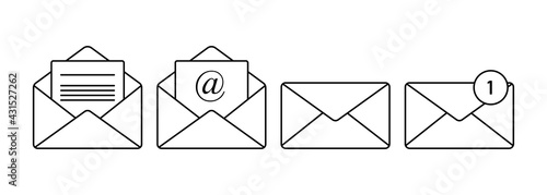 Set of mail line icons. Opened and closed envelope with note paper card. Mail notification icons.