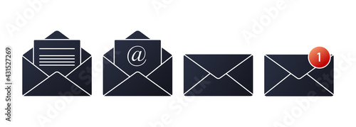 Set of mail flat icons. Opened and closed envelope with note paper card. Mail notification icons.