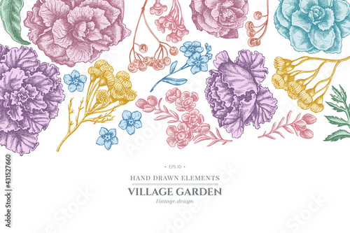 Floral design with pastel wax flower, forget me not flower, tansy, ardisia, brassica, decorative cabbage