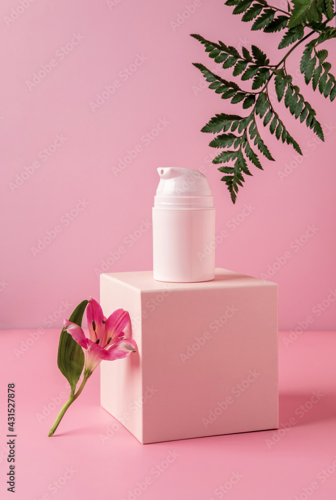 Pink bottle with moisturizer on podium and pastel background. Cosmetic container mockup with place for text. Natural skincare beauty product concept. Pink bottle with moisturizer on podium and pastel background. Cosmetic container mockup with place for text. Natural skincare beauty product concept.