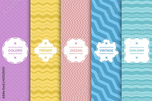 Set of vector colorful striped seamless patterns - delicate design. Textile zigzag prints. Bright linear backgrounds