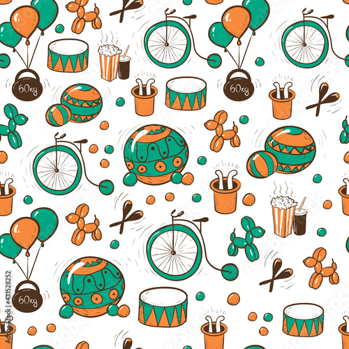 Circus and amusement vector illustrations pattern. Doodle style drawing on white background