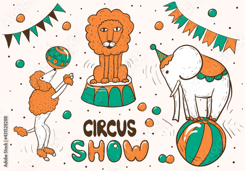 Circus and amusement vector illustrations set. Doodle style drawing
