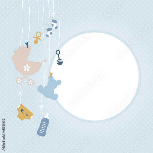 Links Hängende Babysymbole Junge Kreis Punkte Retroblau Senfgelb