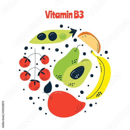 The main food sources of vitamin B3. Healthy food concept.
