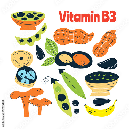 The main food sources of vitamin B3. Healthy food concept.