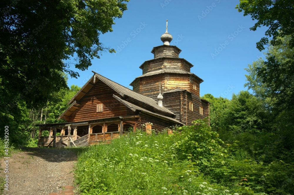 Nizhny Novgorod Russia 2019. Wooden church in the open-air ethnic museum Shchelokovsky farm