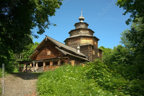 Nizhny Novgorod Russia 2019. Wooden church in the open-air ethnic museum Shchelokovsky farm