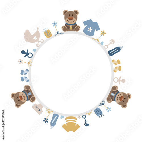 Runder Rahmen 3 Teddys Babysymbole Junge Retroblau Senfgelb