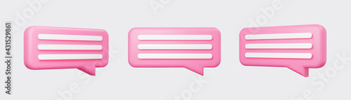 Pink 3d bubble talks set isolated on gray background. Glossy pink speech bubbles, dialogue, messenger shapes. 3D render vector icons for social media or website