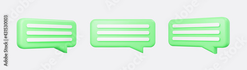Green 3d bubble talks set isolated on gray background. Glossy green speech bubbles, dialogue, messenger shapes. 3D render vector icons for social media or website