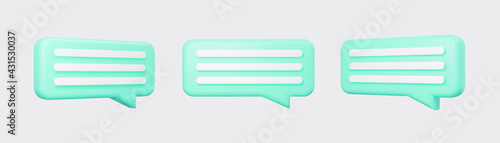 Cyan 3d bubble talks set isolated on gray background. Glossy blue speech bubbles, dialogue, messenger shapes. 3D render vector icons for social media or website