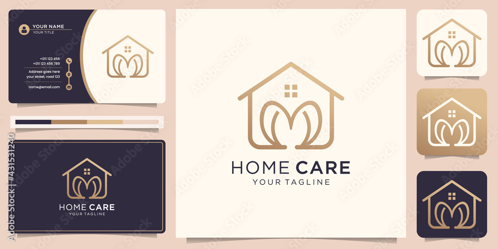 Home care logo with love line art style and business card design vector template, decoration, home.Premium Vector