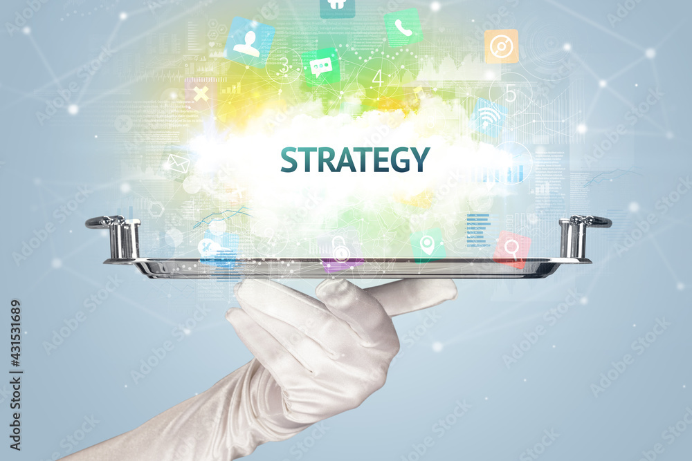 Waiter serving social networking concept Waiter serving social networking concept