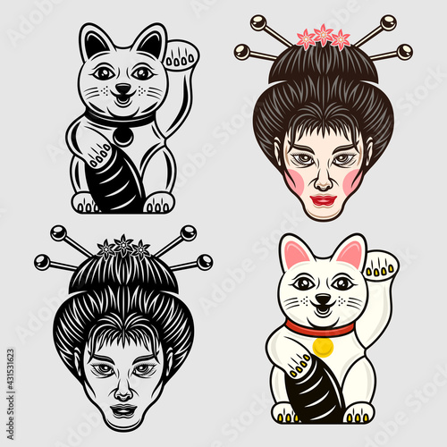 Geisha head and maneki neko lucky cat japanese cartoon characters set of vector objects in two styles colored and black and white