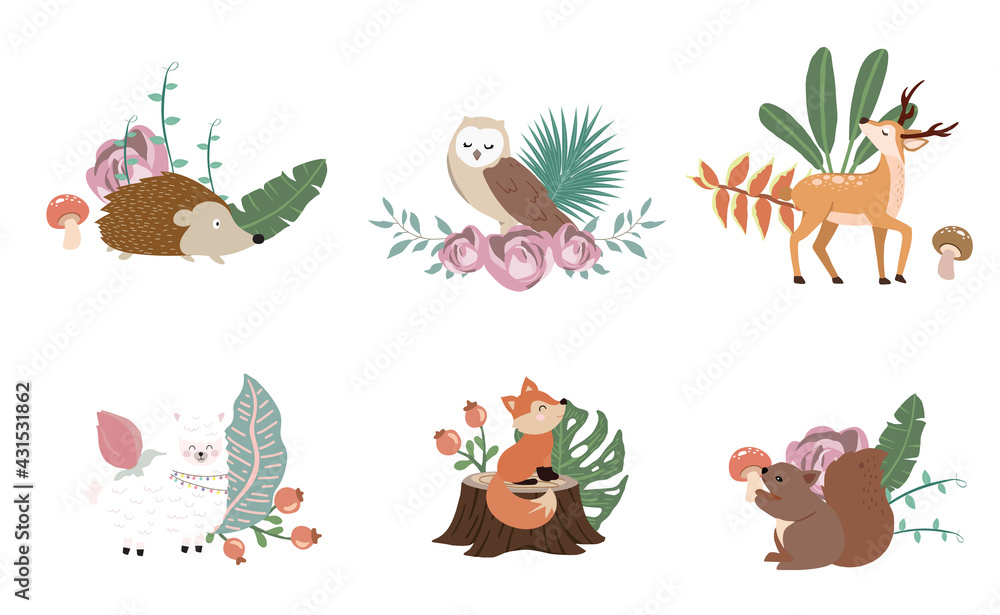 Fototapeta premium Cute woodland object collection with llama,squirrel,fox,deer,mushroom and leaves.Vector illustration for icon,sticker,printable