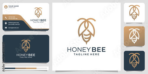 honey bee logo design.line art concept vector symbol illustration gold and business card template .premium vector