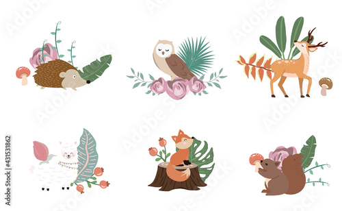 Cute woodland object collection with llama,squirrel,fox,deer,mushroom and leaves.Vector illustration for icon,sticker,printable