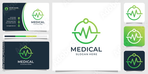 Medical ekg logo design. with creative modern line art style circle concept and business card design template . Premium Vector