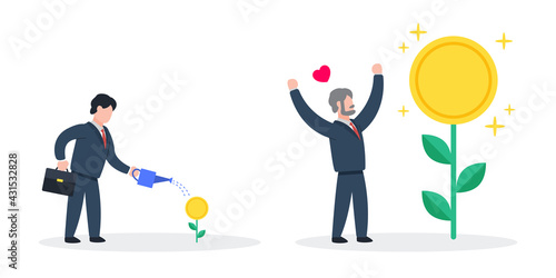 Business takes care money tree until full growth. Creative financial concept of interest from long term investment. Simple trendy cute character vector illustration. Modern flat style graphic element.