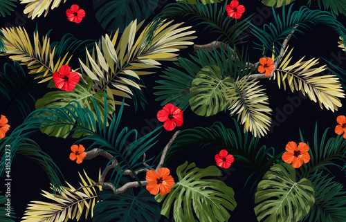 Dark tropical seamless pattern with exotic monstera and royal palm leaves and red hibiscus flowers. Vector illustration.